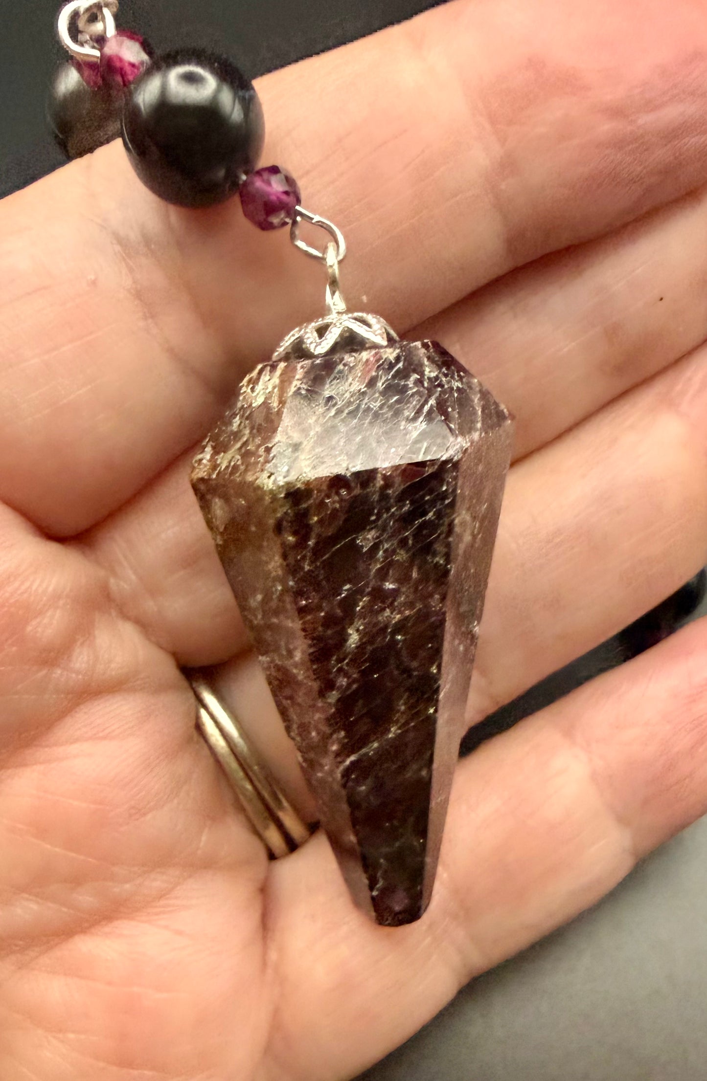 Handmade Garnet Point Pendulum with Obsidian and Garnet Beads.