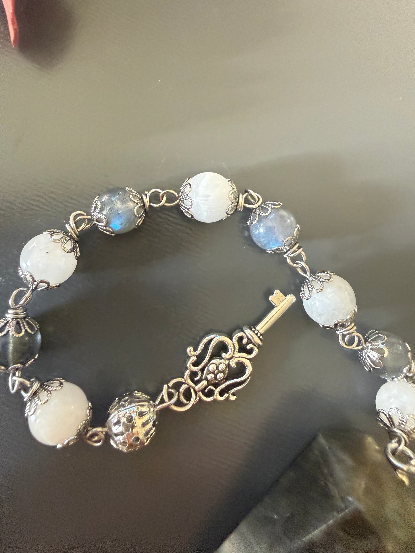 Labradorite and Moonstone Beaded Pendulum with Key Charm.