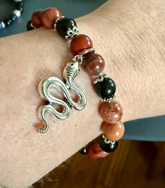 Red Jasper and Obsidian Gemstone Bracelet with Snake Charm.
