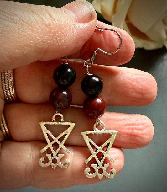 Lucifer Sigil Earrings with Red Jasper and Obsidian.