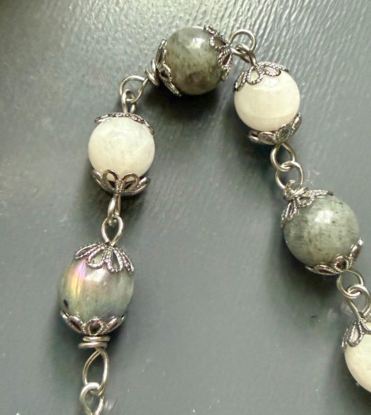 Labradorite Moonstone Pagan or Witchcraft Prayer Beads: Witches Knot, Goddess, and Moon Charm.