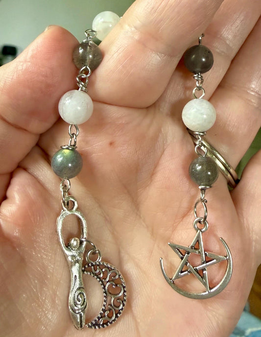 Labradorite Moonstone Pagan or Witchcraft Prayer Beads: Pentacle, Goddess, and Moon Charm.
