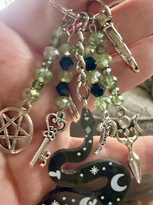 Snake Keychain Purse Charm with Iridescent Glass Beads, Pentacle, Key, Moon, and Goddess Charm.