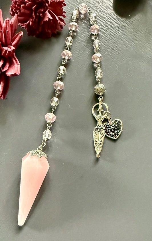 Rose Quartz Pendulum Point with Crystal Glass Beads, Goddess and Heart Charm.