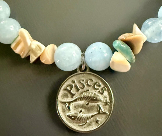 Pisces Zodiac Bracelet with Aquamarine and Shell Beads.