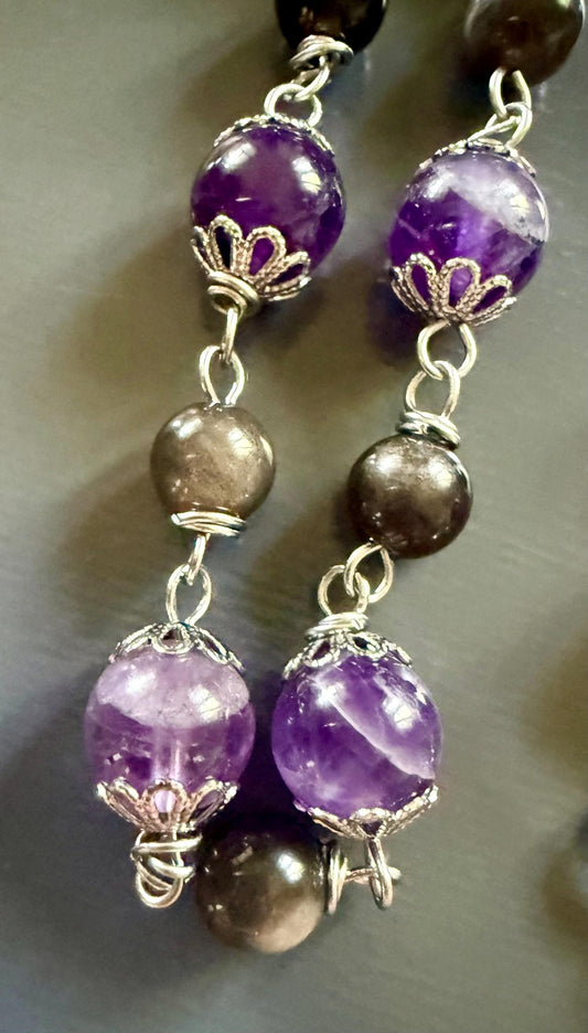 Hekate’s Wheel Strophalos Witch’s Rosary: Amethyst, Obsidian, and Key Charm.