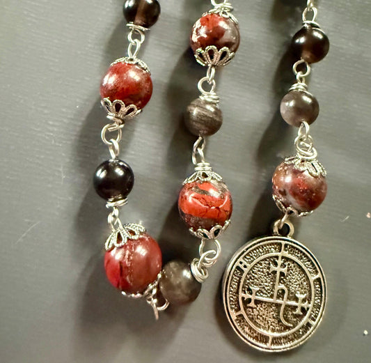 Lilith Sigil Witch’s Rosary with Red Brecciated Jasper, Obsidian, and Snake Charm.
