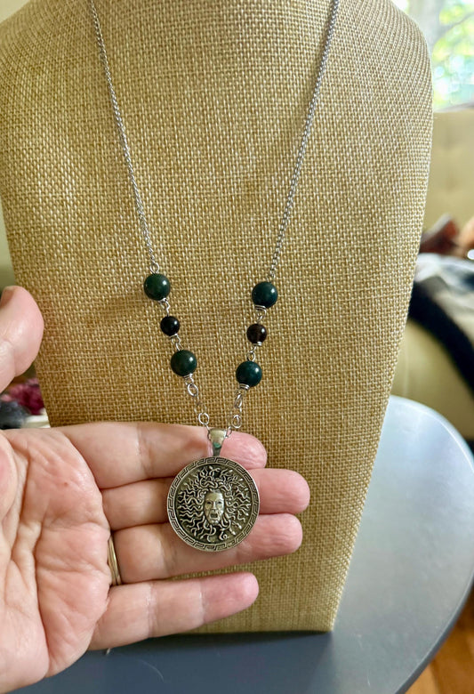 Medusa Pendant Necklace with Moss Agate and Obsidian Beads.