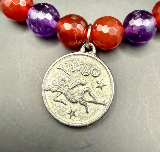 Virgo Zodiac Charm Bracelet with Carnelian and Amethyst Beads.