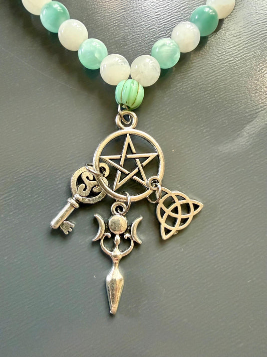 Mala Inspired Witch or Pagan Prayer Beads with Angelite and Moonstone.