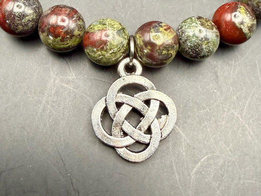 Dragon Bloodstone Jasper Gemstone Stretch Bracelet with Celtic Knot Charm.