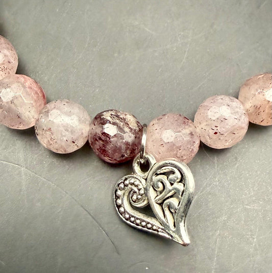 Strawberry Quartz Gemstone Stretch Bracelet with Heart Charm.