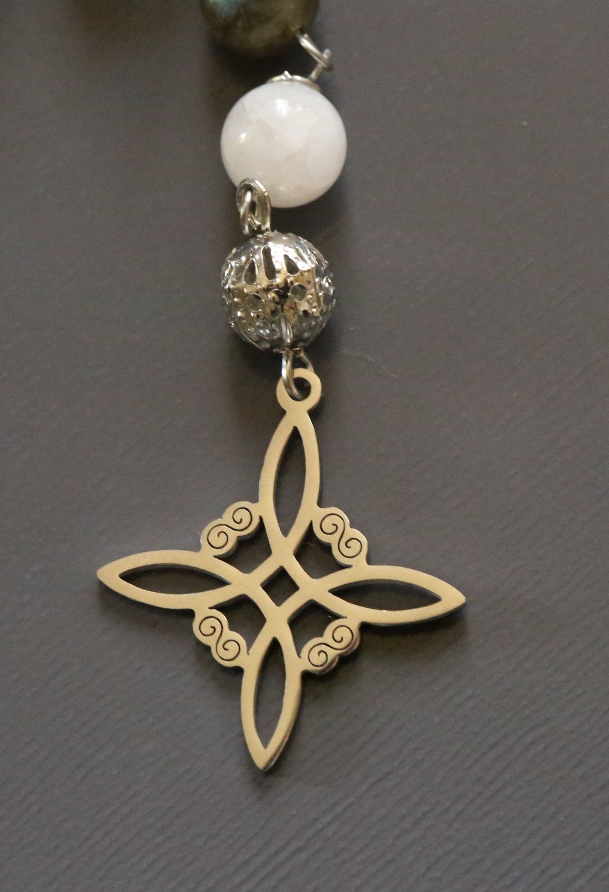Labradorite and Moonstone Beaded Pendulum with Witch's Knot Charm.