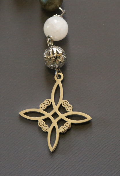 Labradorite and Moonstone Beaded Pendulum with Witch's Knot Charm.