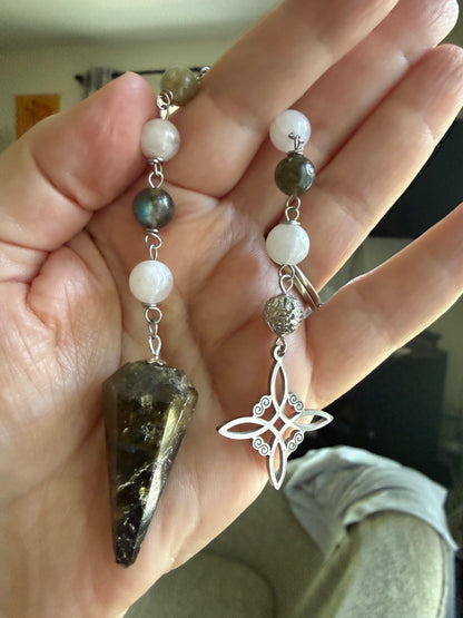 Labradorite and Moonstone Beaded Pendulum with Witch's Knot Charm.