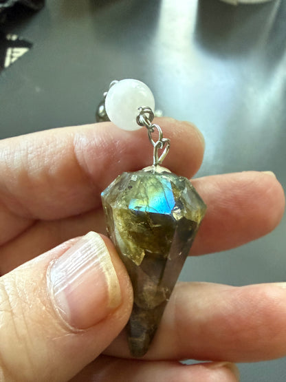 Labradorite and Moonstone Beaded Pendulum with Witch's Knot Charm.