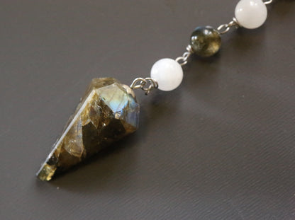 Labradorite and Moonstone Beaded Pendulum with Witch's Knot Charm.