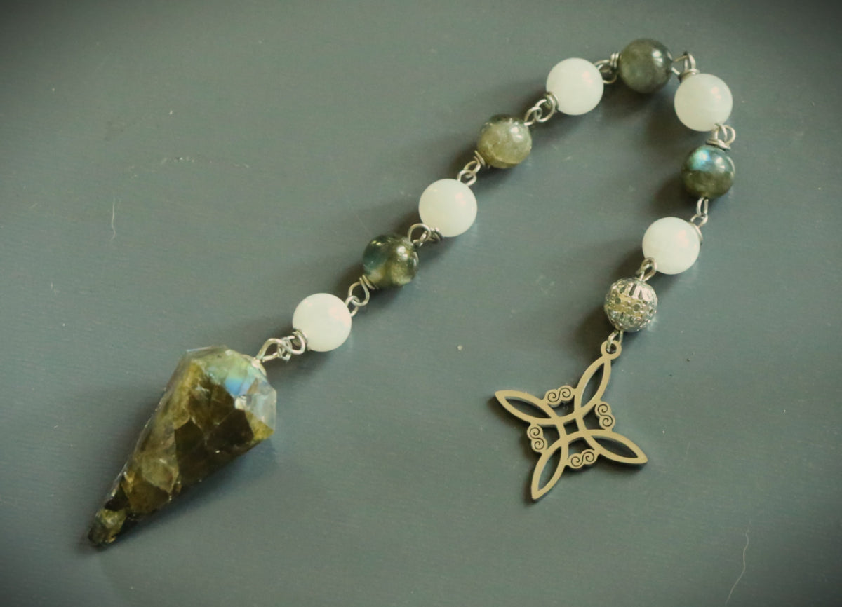 Labradorite and Moonstone Beaded Pendulum with Witch's Knot Charm.
