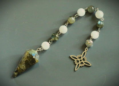Labradorite and Moonstone Beaded Pendulum with Witch's Knot Charm.