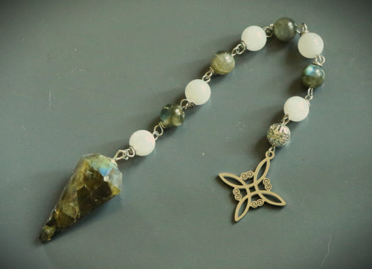 Labradorite and Moonstone Beaded Pendulum with Witch's Knot Charm.