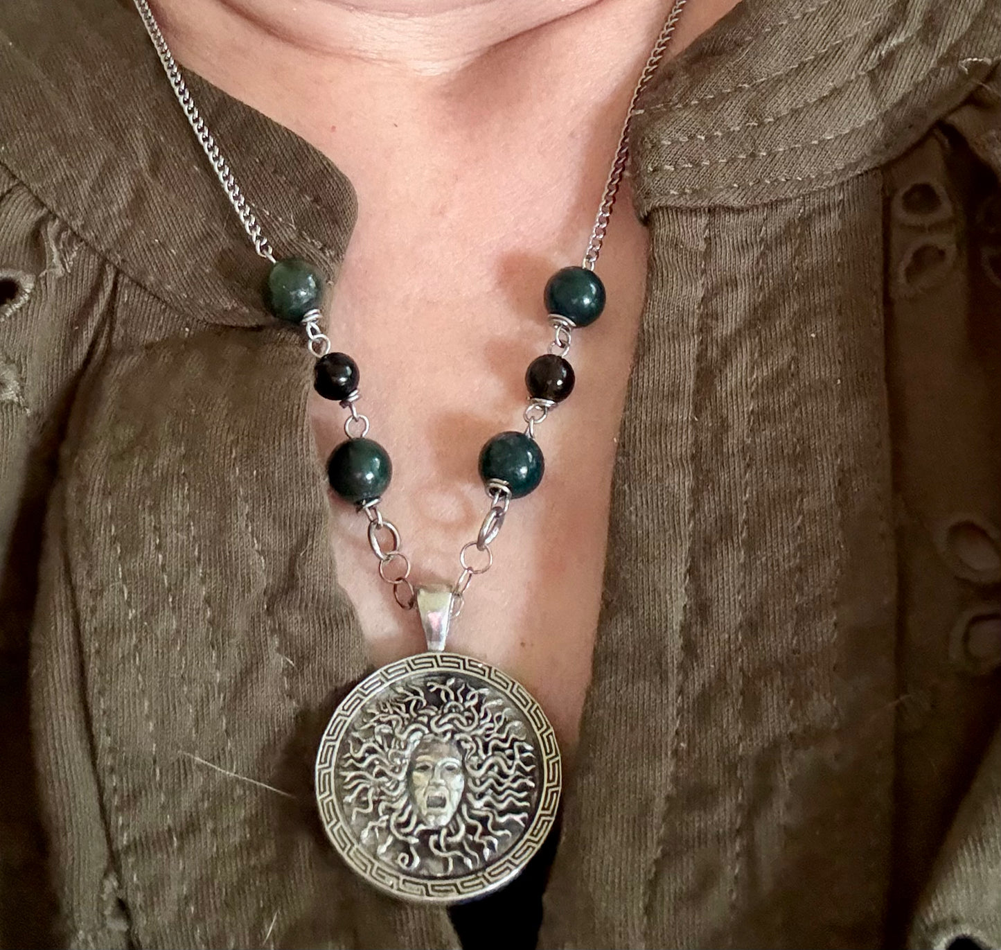 Medusa Pendant Necklace with Moss Agate and Obsidian Beads.