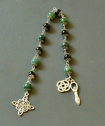 Witches Knot Moss Agate & Obsidian Pagan Prayer Beads with Goddess and Celtic Knot Charm.