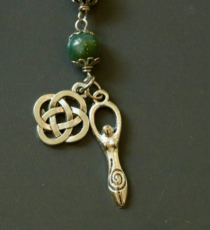 Witches Knot Moss Agate & Obsidian Pagan Prayer Beads with Goddess and Celtic Knot Charm.
