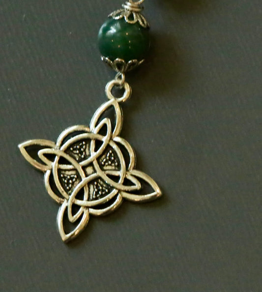 Witches Knot Moss Agate & Obsidian Pagan Prayer Beads with Goddess and Celtic Knot Charm.