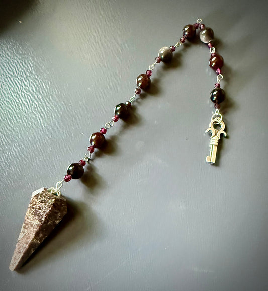 Handmade Garnet Point Pendulum with Obsidian and Garnet Beads.
