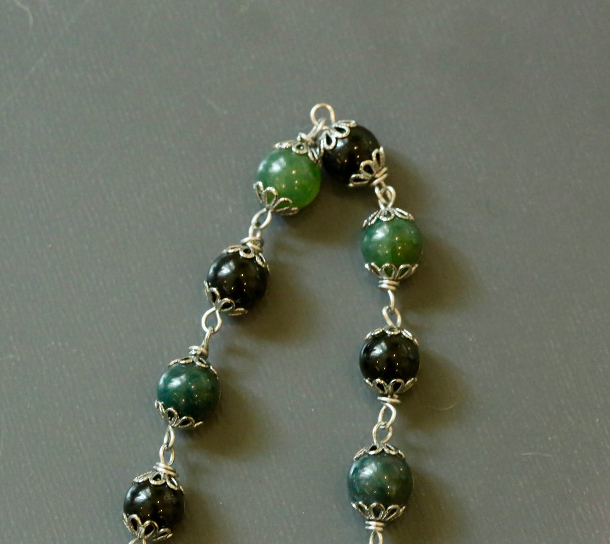 Witches Knot Moss Agate & Obsidian Pagan Prayer Beads with Goddess and Celtic Knot Charm.
