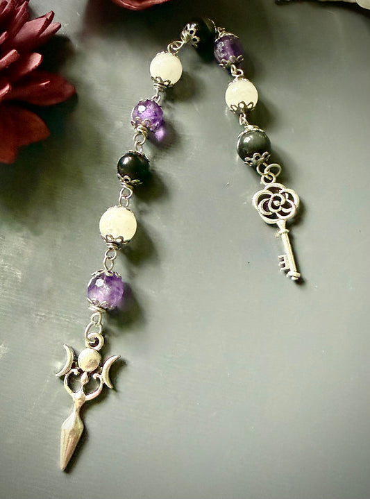 Hekate Devotional Prayer Beads, Amethyst, Obsidian, Moonstone, Goddess, and Key Charm.