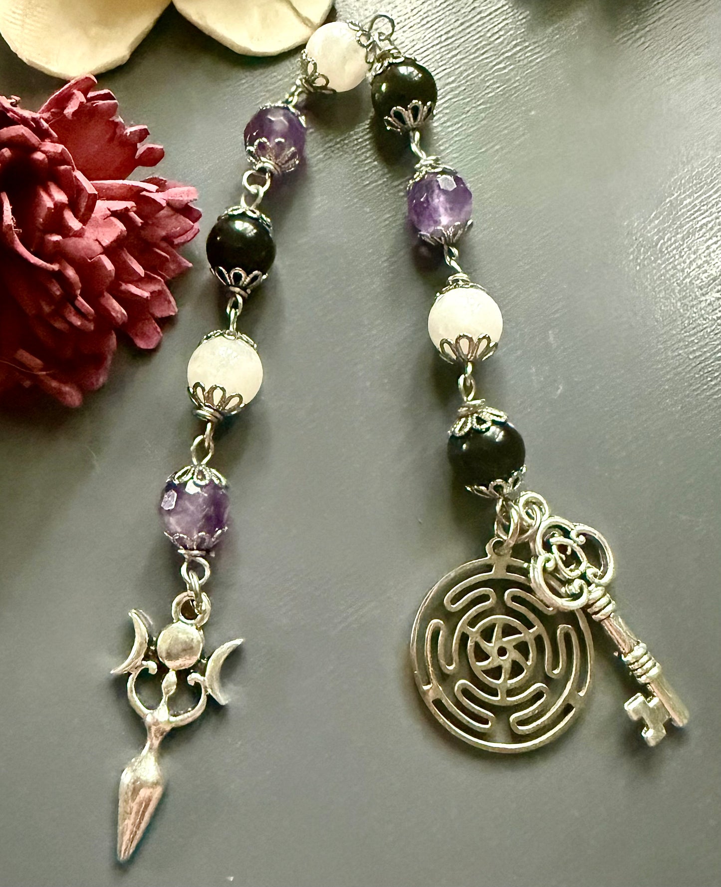 Hekate’s Wheel Devotional Prayer Beads with Amethyst, Obsidian, Moonstone, Key, and Goddess Charm.