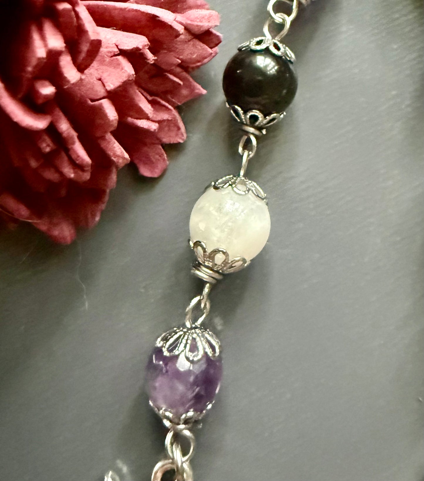 Hekate’s Wheel Devotional Prayer Beads with Amethyst, Obsidian, Moonstone, Key, and Goddess Charm.
