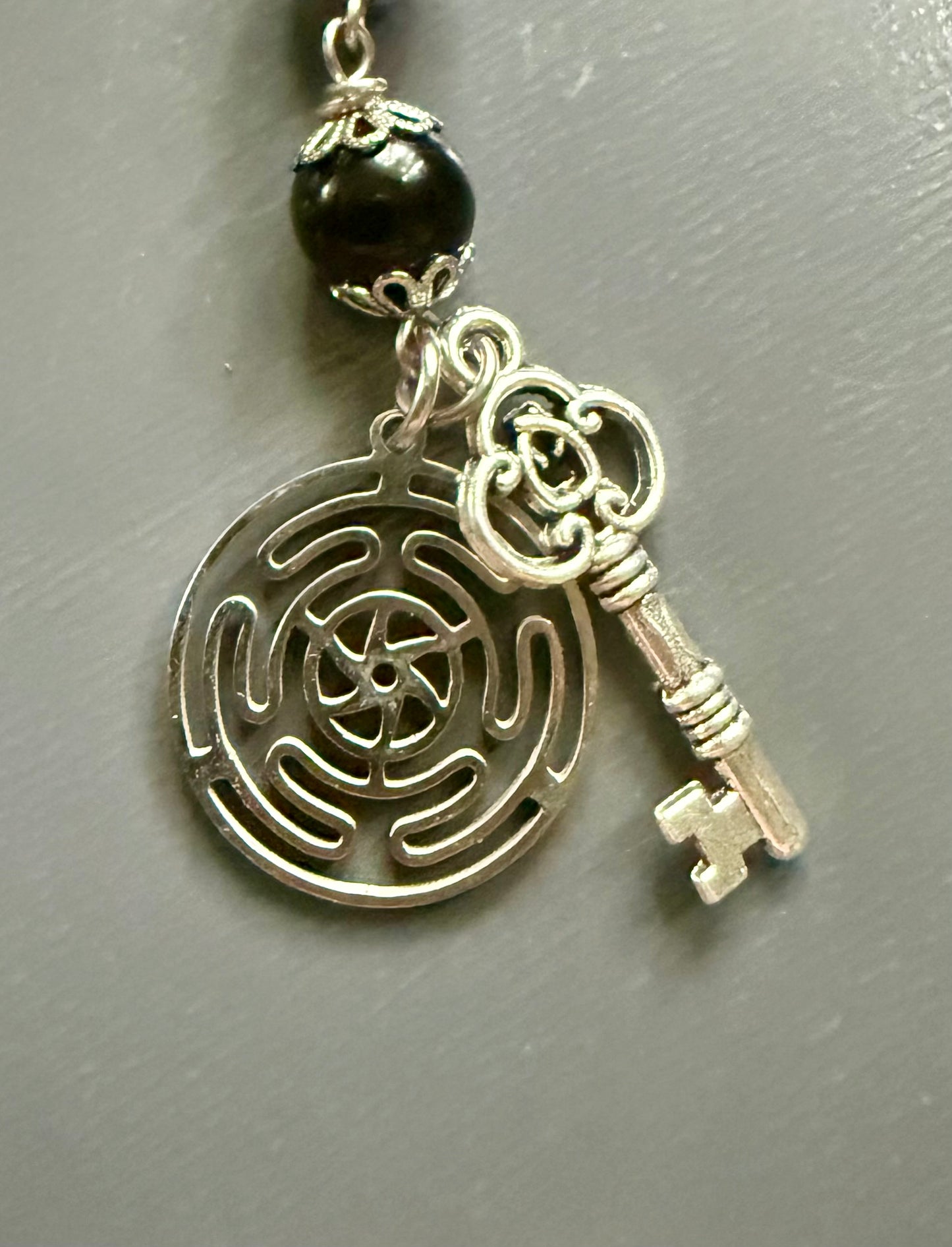 Hekate’s Wheel Devotional Prayer Beads with Amethyst, Obsidian, Moonstone, Key, and Goddess Charm.