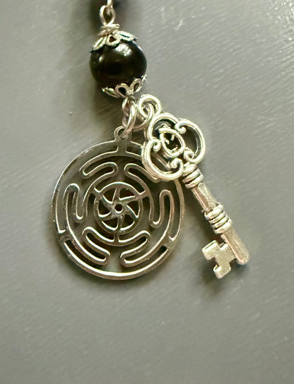 Hekate’s Wheel Devotional Prayer Beads with Amethyst, Obsidian, Moonstone, Key, and Goddess Charm.