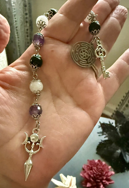 Hekate’s Wheel Devotional Prayer Beads with Amethyst, Obsidian, Moonstone, Key, and Goddess Charm.