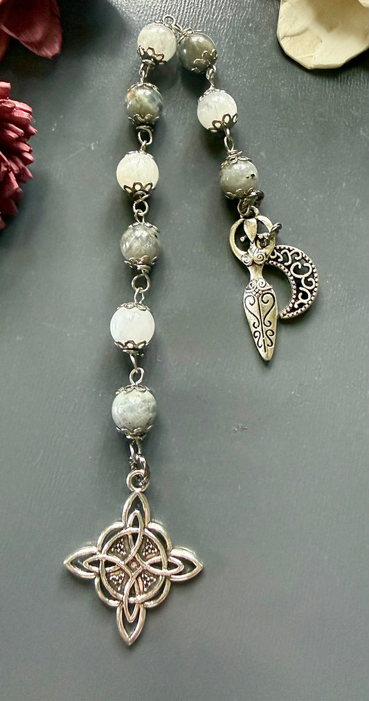 Labradorite Moonstone Pagan or Witchcraft Prayer Beads:  Witches Knot, Goddess, and Moon Charm.
