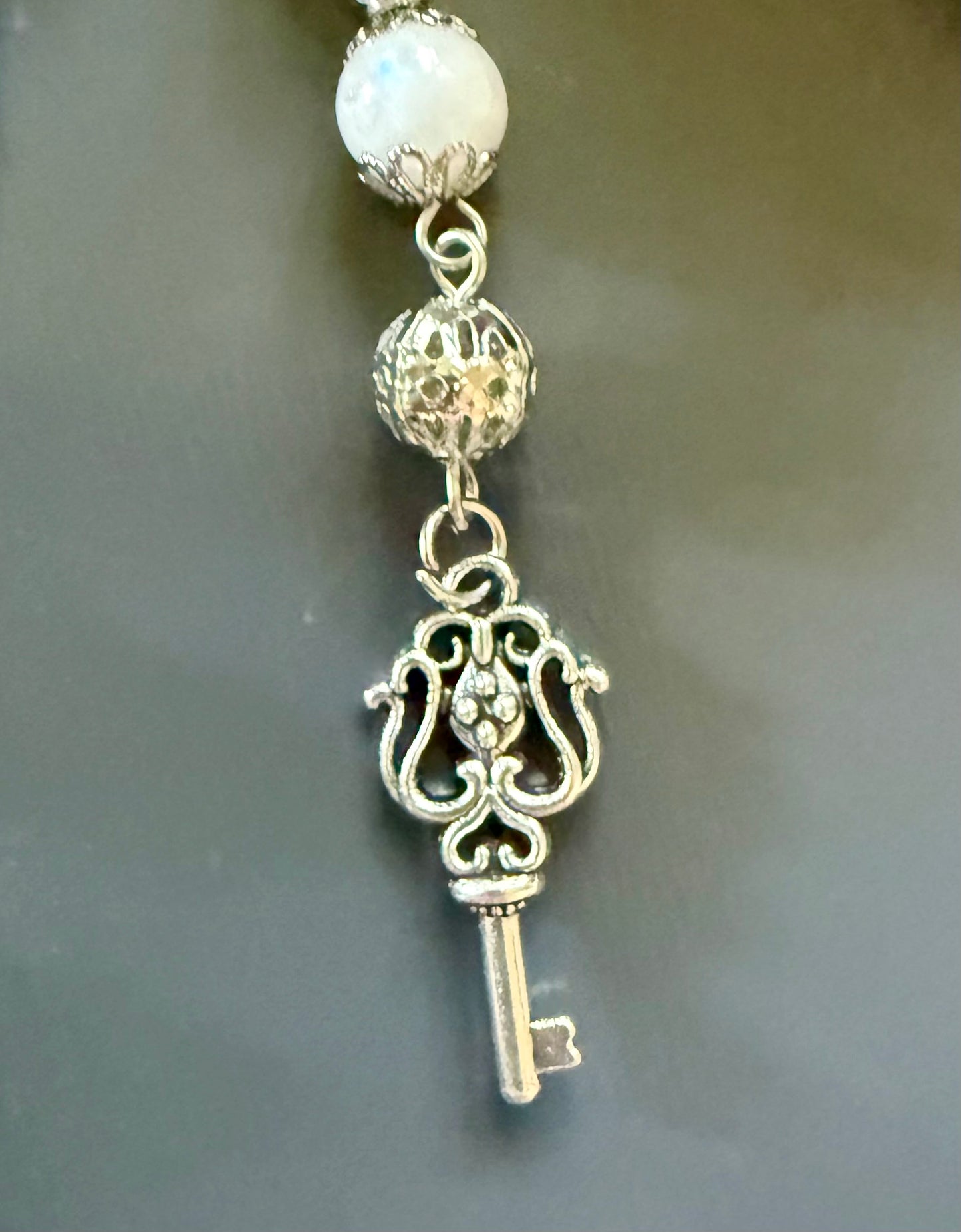 Labradorite and Moonstone Beaded Pendulum with Key Charm.
