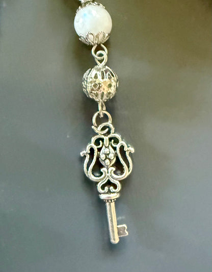 Labradorite and Moonstone Beaded Pendulum with Key Charm.