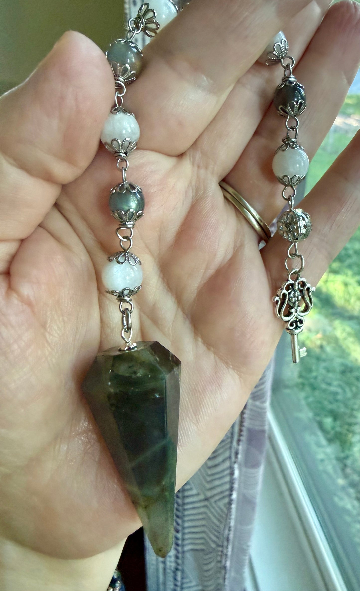 Labradorite and Moonstone Beaded Pendulum with Key Charm.
