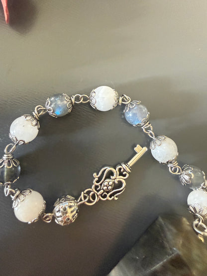 Labradorite and Moonstone Beaded Pendulum with Key Charm.