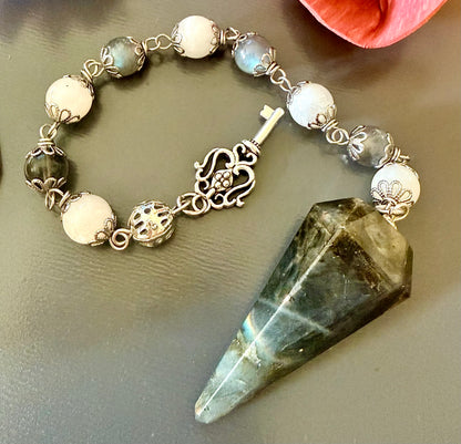 Labradorite and Moonstone Beaded Pendulum with Key Charm.