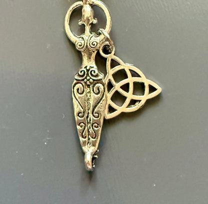The Morrigan Devotional Prayer Beads with Crow Skull, Goddess, and Triquetra Charms.