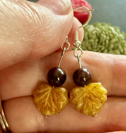 Nature Leaf Dangle Earrings with Gemstones: Peridot, Obsidian, Garnet, and Moss Agate.