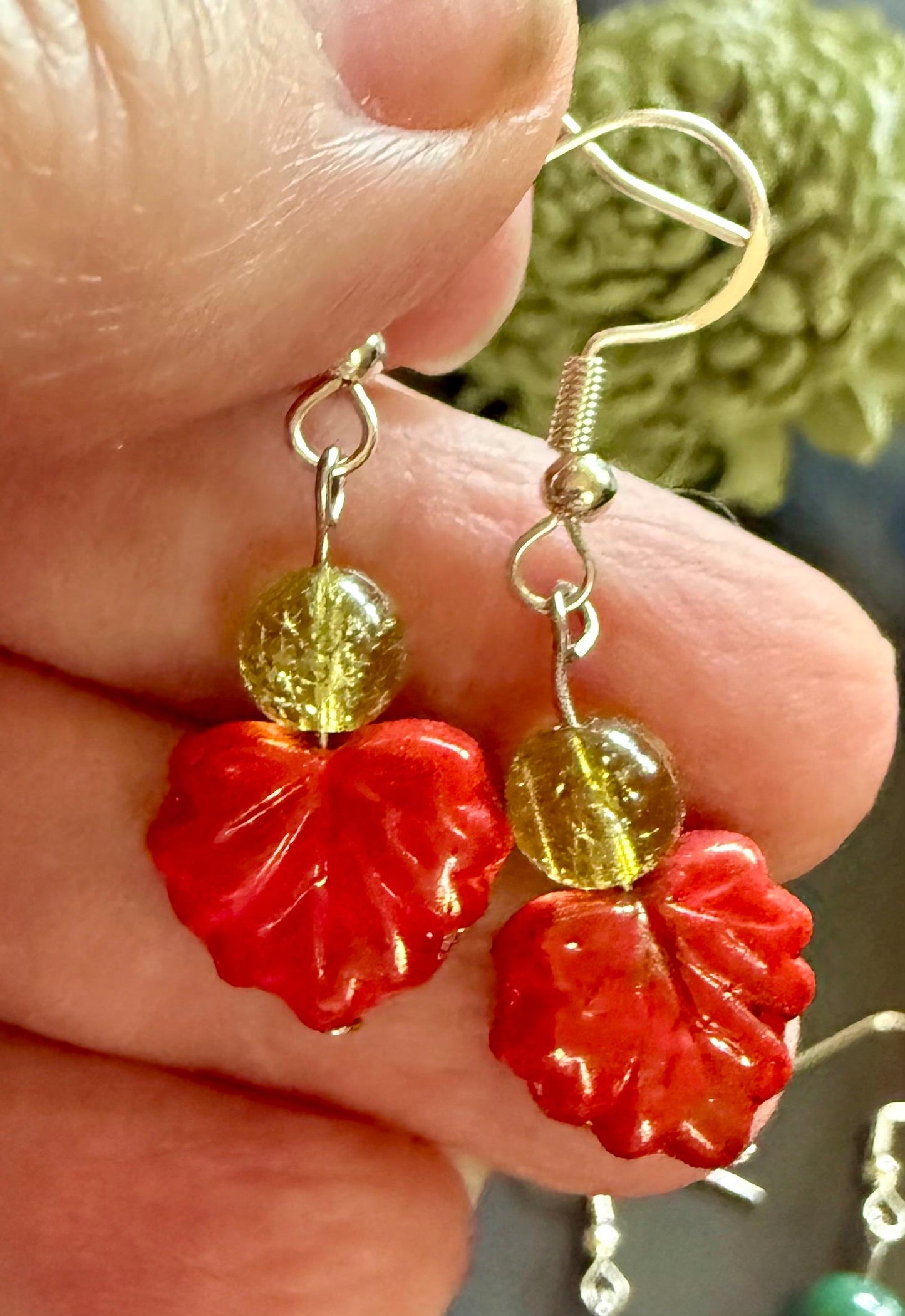 Nature Leaf Dangle Earrings with Gemstones: Peridot, Obsidian, Garnet, and Moss Agate.