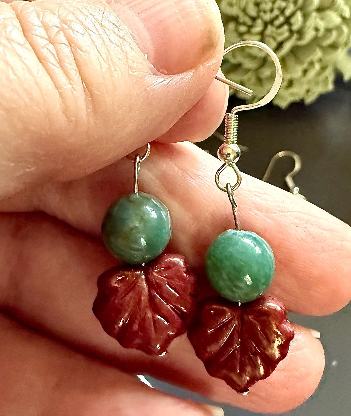 Nature Leaf Dangle Earrings with Gemstones: Peridot, Obsidian, Garnet, and Moss Agate.