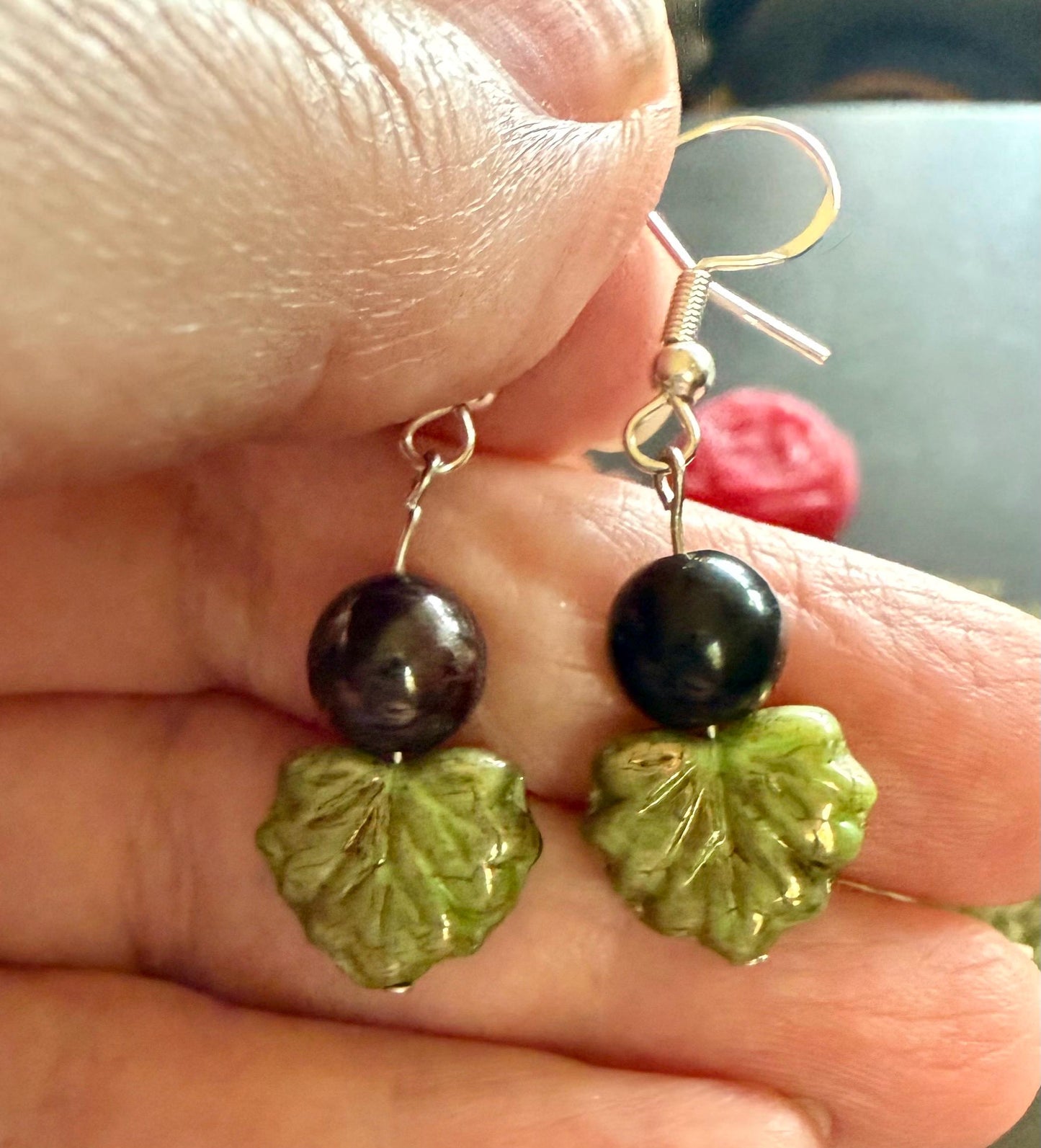 Nature Leaf Dangle Earrings with Gemstones: Peridot, Obsidian, Garnet, and Moss Agate.