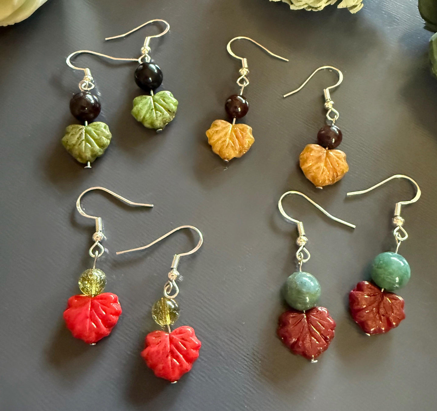 Nature Leaf Dangle Earrings with Gemstones: Peridot, Obsidian, Garnet, and Moss Agate.