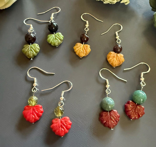 Nature Leaf Dangle Earrings with Gemstones: Peridot, Obsidian, Garnet, and Moss Agate.