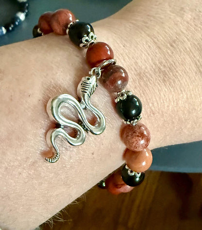 Red Jasper and Obsidian Gemstone Bracelet with Snake Charm.